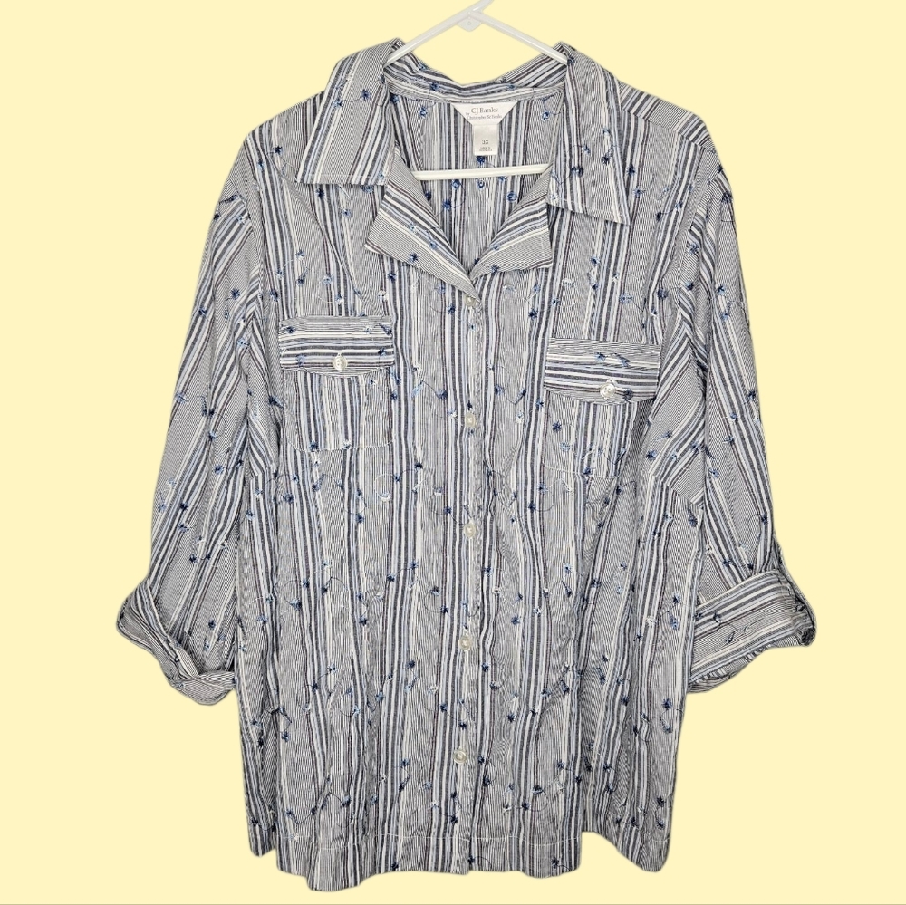 CJ Banks Blue and White Striped Floral Embroidered Shirt 3 Quarter Sleeve Sz 3X